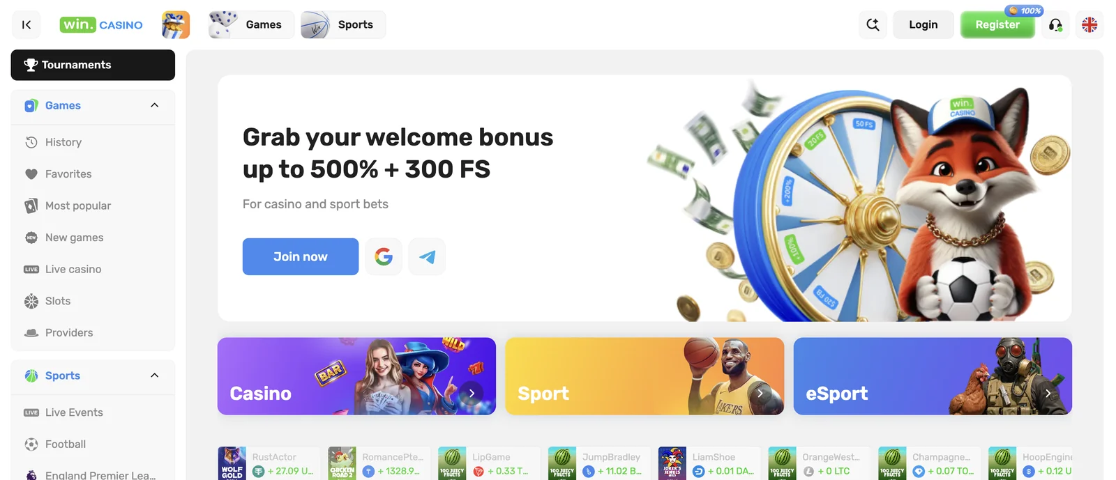 Homepage di WinCasino con il bonus di benvenuto 500% e 300 giri gratis