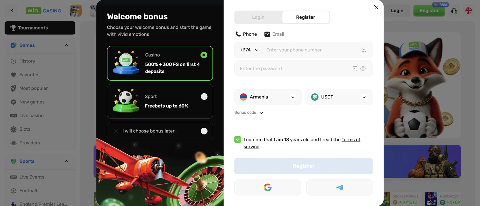 Modulo di registrazione WinCasino con scelta del bonus di benvenuto