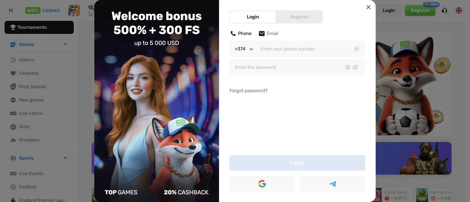 Schermata di login di WinCasino con opzioni Google e Telegram