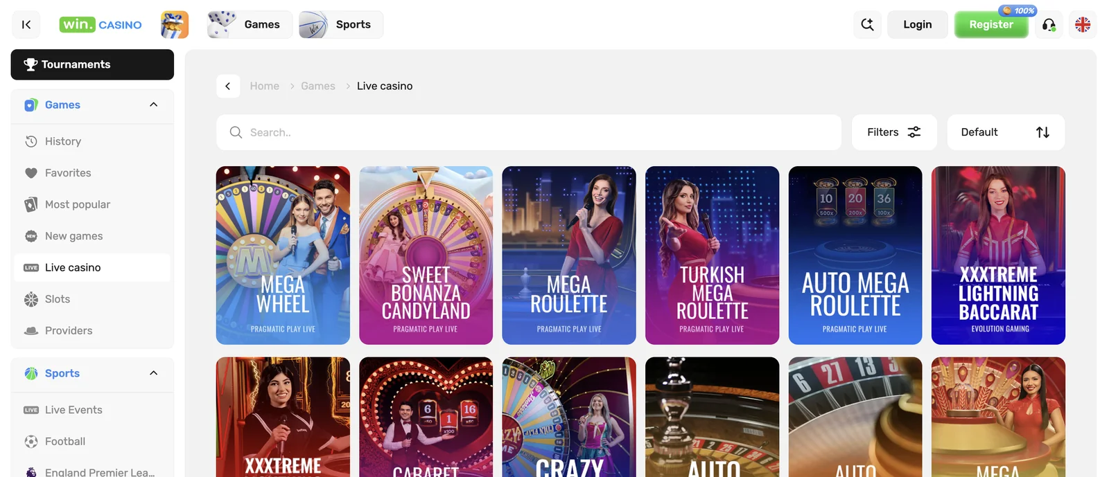 Sezione live casino di WinCasino con roulette, baccarat e game show Evolution e Pragmatic Play