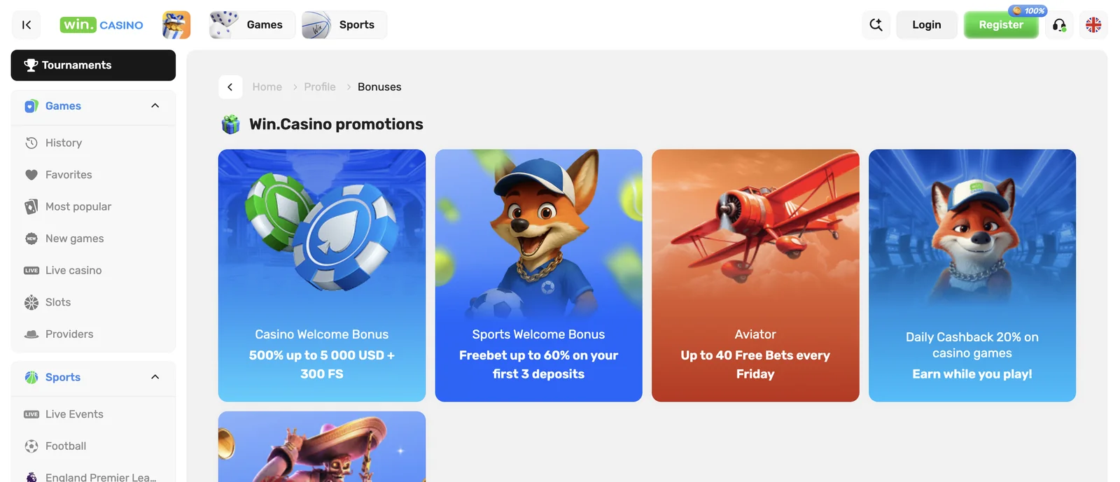 Pagina promozioni di WinCasino con bonus casinò, sport, Aviator e cashback giornaliero
