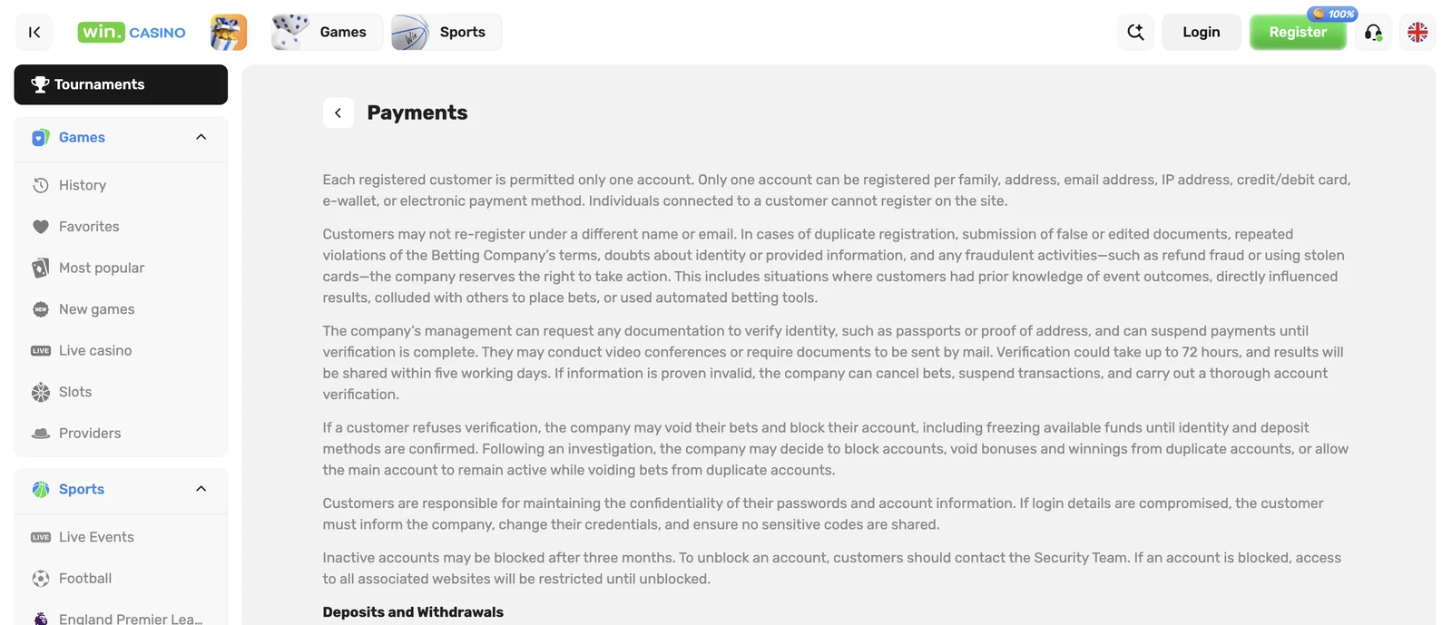 Pagina metodi di pagamento e prelievo di WinCasino