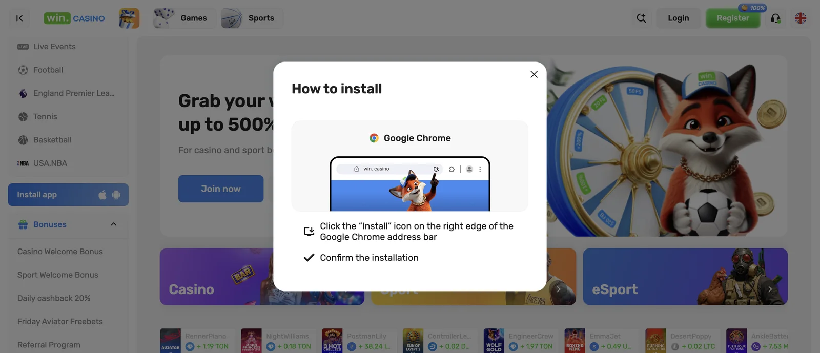 Modale di installazione dell'app WinCasino come Progressive Web App